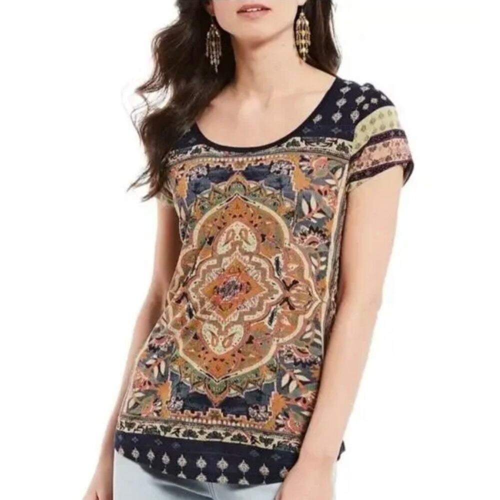 Lucky Brand Persian Print Tee Cotton/Modal Womens LARGE Casual Vacation Summer
